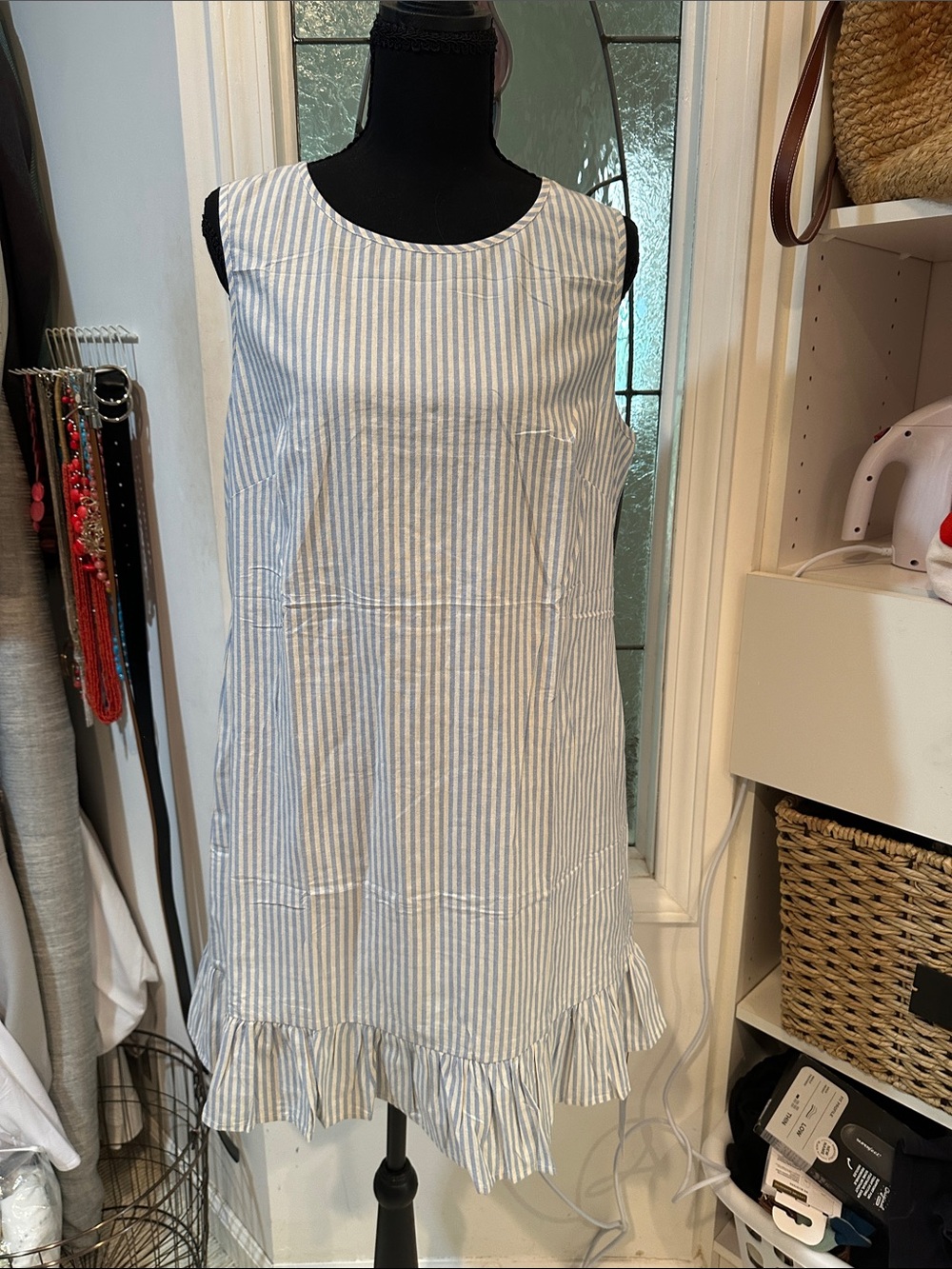 Sleeveless Blue & White Striped Ruffle-Hem Dress